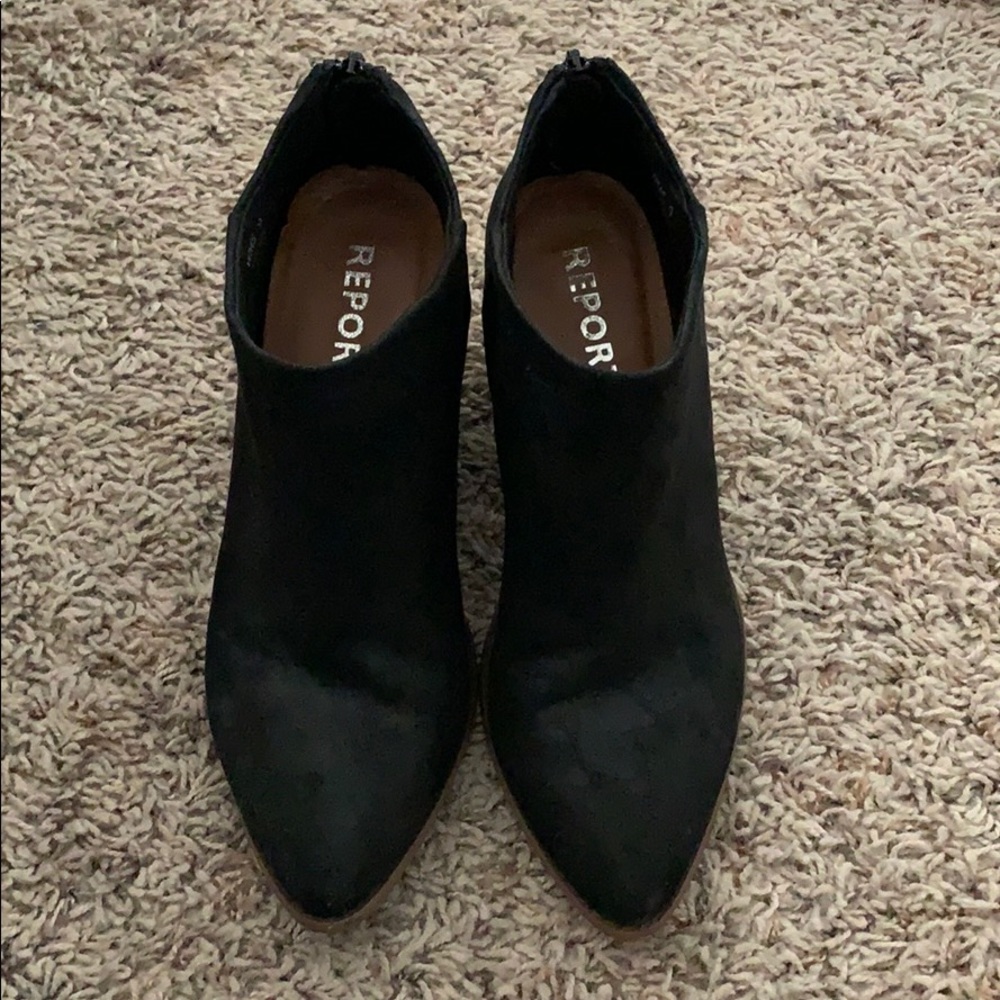 Report black booties with tan heel
